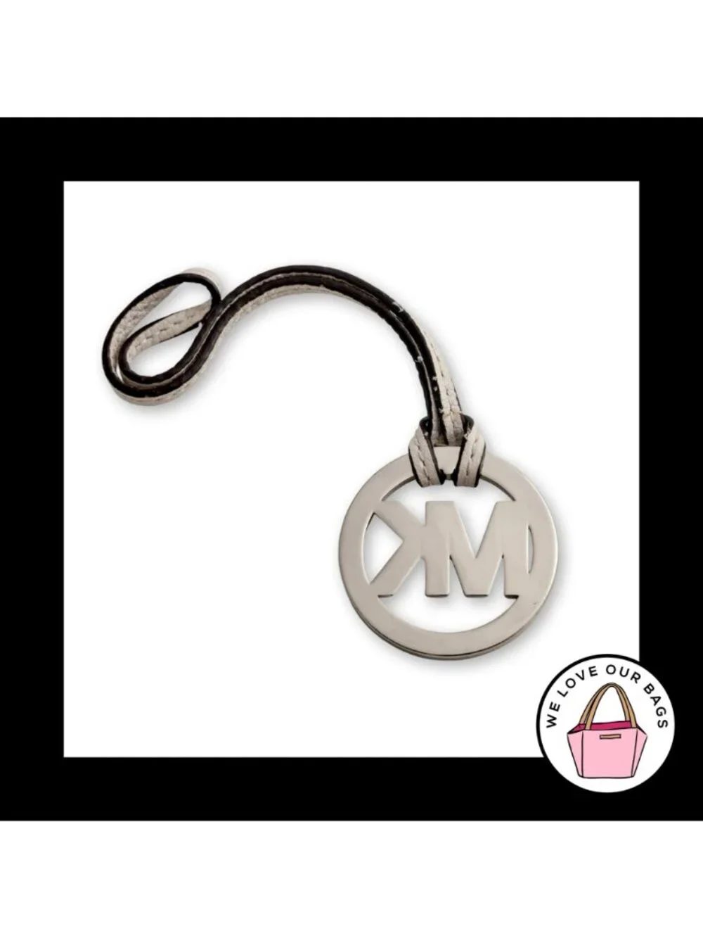 MICHAEL KORS Silver Metal White Leather Strap Bag Charm Hang Tag Keychain Fob